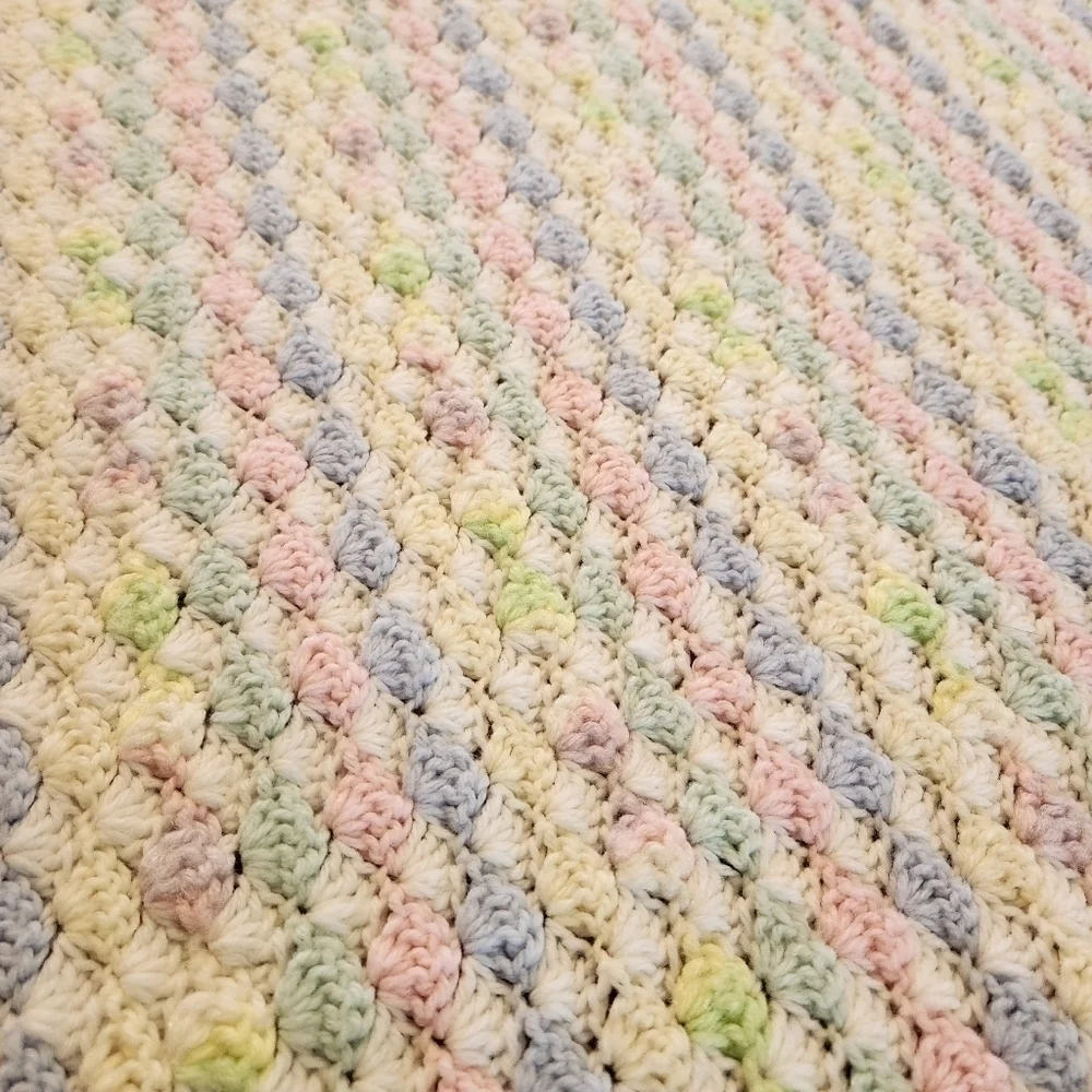 Crochet Handmade Pastel Pink Blue White Throw Lap Baby Blanket Afghan